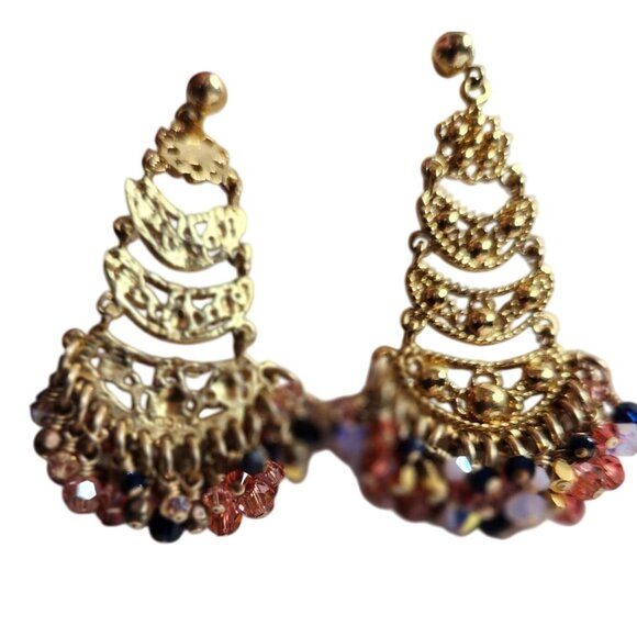 Gold Tone Chandelier Earrings With Multicolor Beads Statement Party - Picture 1 of 3